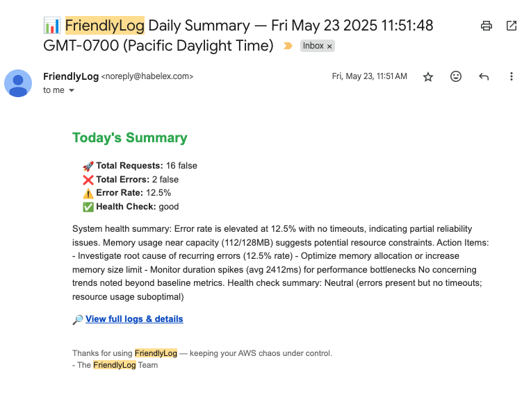 Screenshot of FriendlyLog email summary